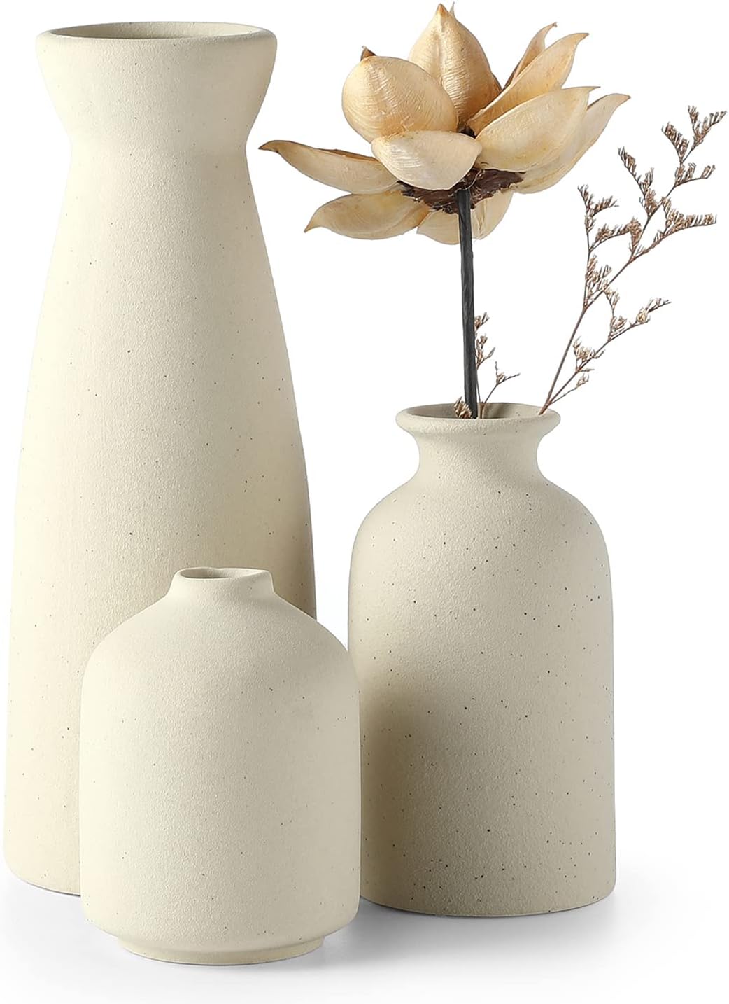 Beige Ceramic vase Set-3 Small Flower vases for Decor,Modern Farmhouse Home Decor,Decorative vase for Pampas Grass&Dried Flowers,idea Shelf,Table,Bookshelf ,Entryway- Distressed