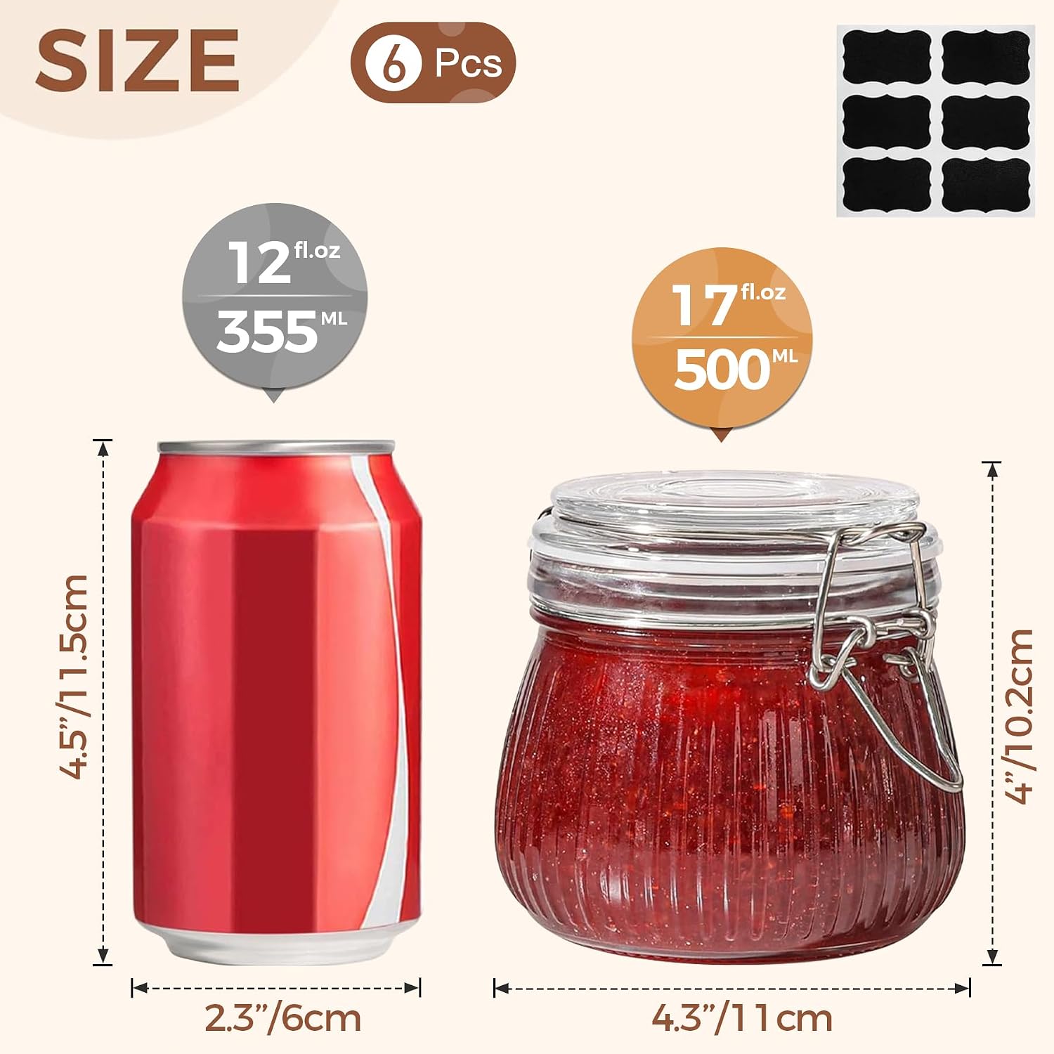 Airtight Glass jar with lid 17oz Set of 6, Glass Storage Containers with Lids, Glass Canister, Mason Jars, Small Striped Clip Fastening Jar for Kitchen Canning, Overnight Oats, Pickle, Spice - Image 2