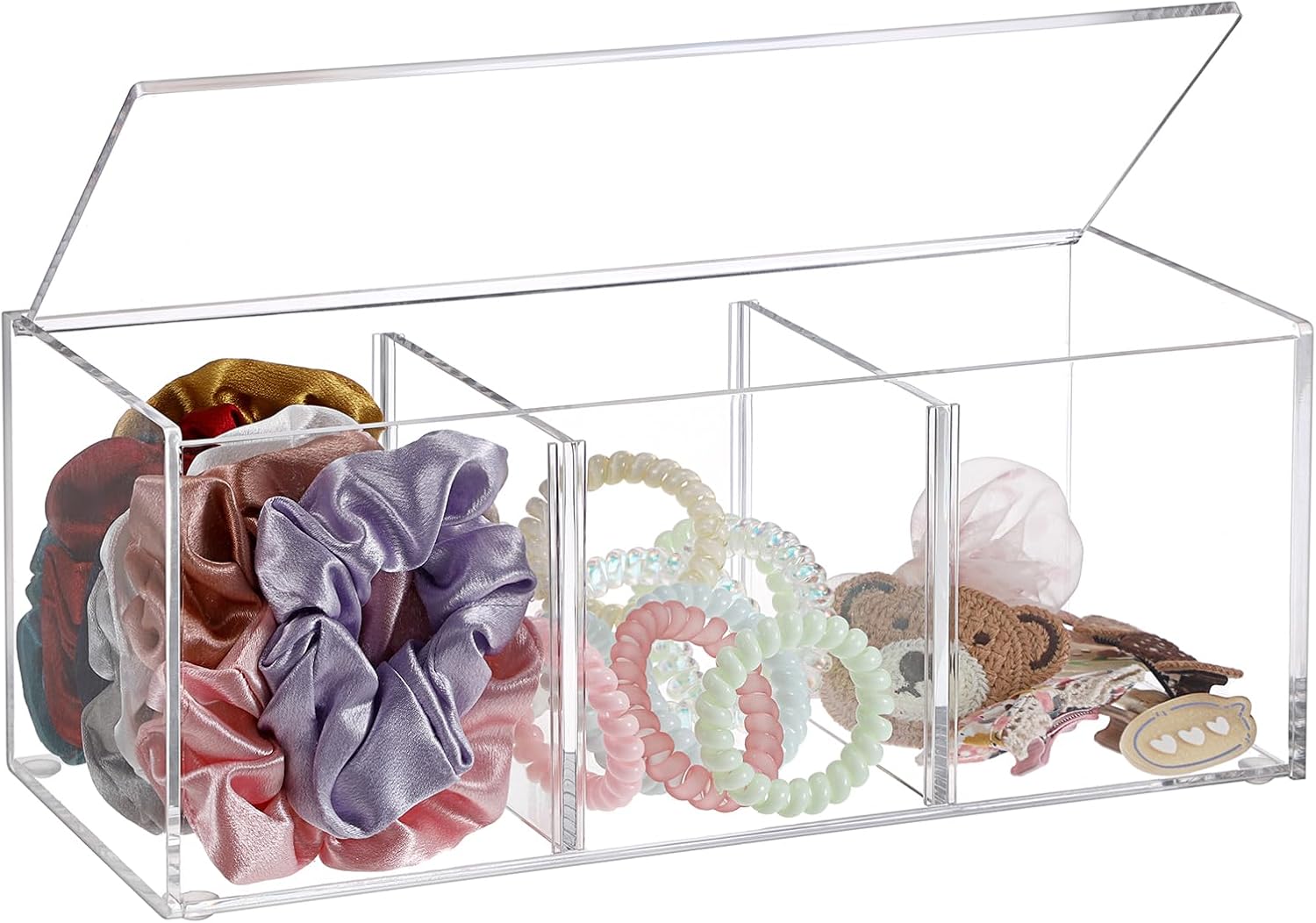 Acrylic Organizer with Lid Clear Jewelry Display Cushion Divided Bathroom Organizer Box Multi-purpose Desktop Organizers for Jewelry Cosmetic Candy Hair Accessories,Rectangle with 3 Compartment