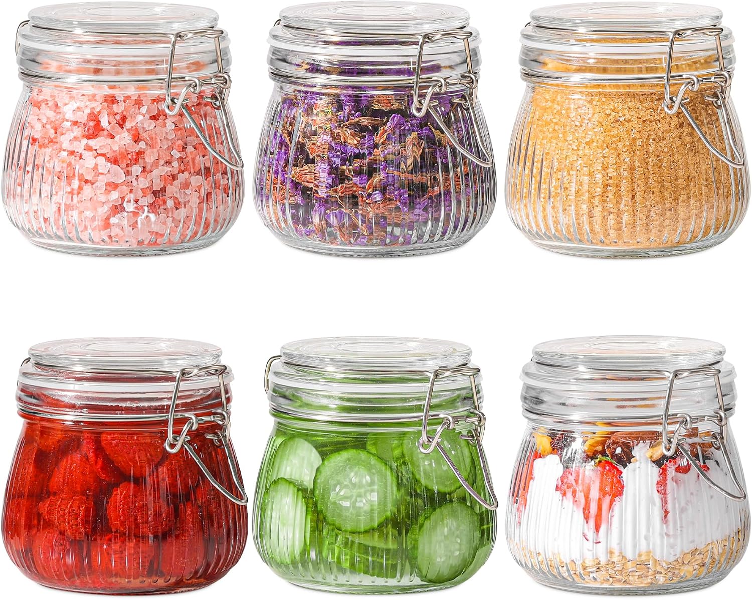 Airtight Glass jar with lid 17oz Set of 6, Glass Storage Containers with Lids, Glass Canister, Mason Jars, Small Striped Clip Fastening Jar for Kitchen Canning, Overnight Oats, Pickle, Spice