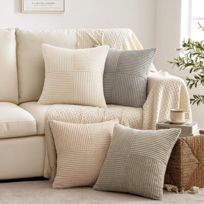 Neutral Color-Block Corduroy Decorative Throw Pillow Set (4-Piece)