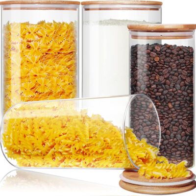 Large Glass Flour and Sugar Containers 180oz x2 & 93oz x2 [Set of 4], Glass Food Storage Containers with Bamboo Lids, Glass Jar with Airtight Lid for Spaghetti Pasta,Rice,Cereal,Coffee, Oat