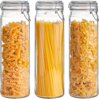 60oz Airtight Glass Jars Set of 3 with Lids Food Storage Jar Round - Tall Spaghetti Container with Clear Preserving Seal Wire Clip Fastening, Pasta jar for Kitchen Canning, Nut,Oat, Dry Goods
