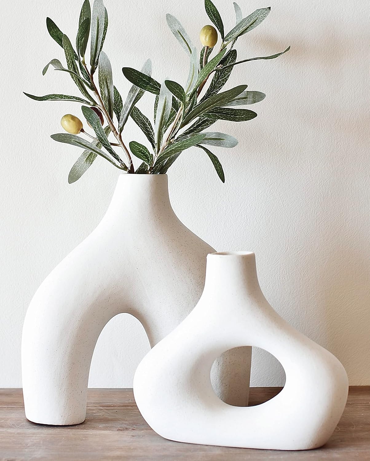 Donut Vase, Set of 2 - Minimalist Nordic, White Ceramic Hollow Donut Vase Decor | Table Centerpiece, Olive Plant, Wedding, Living Room, Bookshelf, Office, Modern Home, Entryway, Console