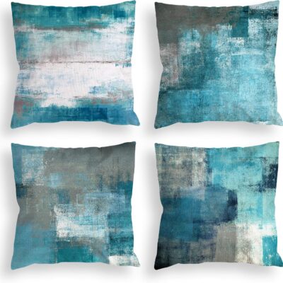 Blue-Green Abstract Art Decorative Throw Pillow Set (4-Piece)